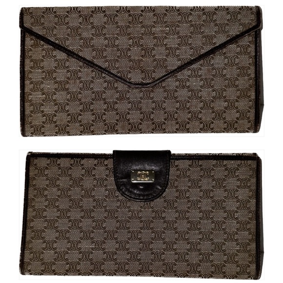 Celine Brown/Beige Canvas/Leather Macadam Envelope Long Clutch Vintage in EUC - Picture 1 of 17